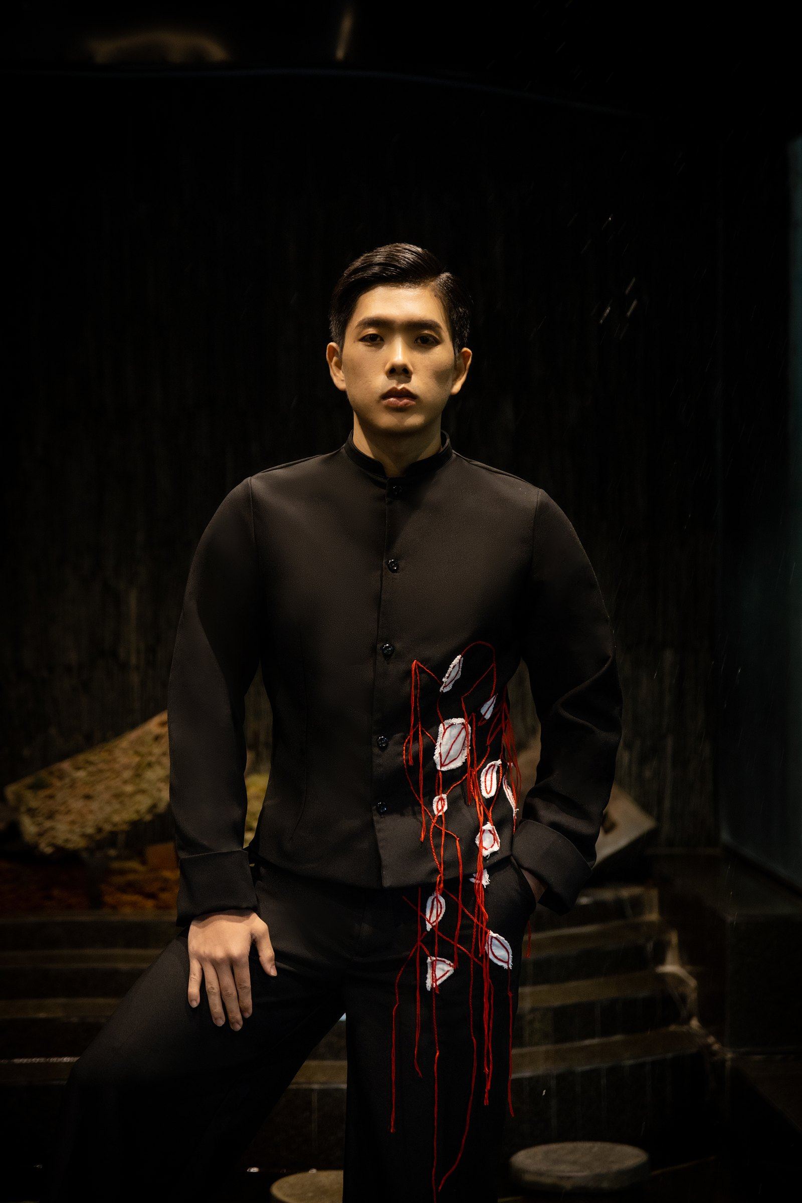 The men's look from Crimson Drive, with a crimson panel
